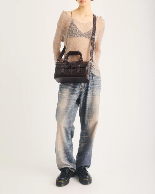 Top Handle Croc Emboss Leather Bag